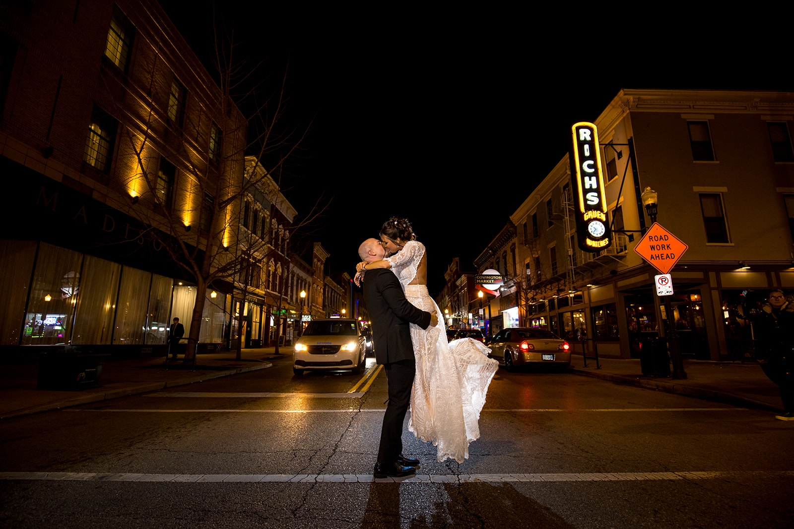 Bride and Groom in city streets at night